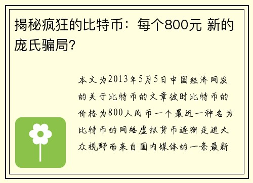 揭秘疯狂的比特币：每个800元 新的庞氏骗局？